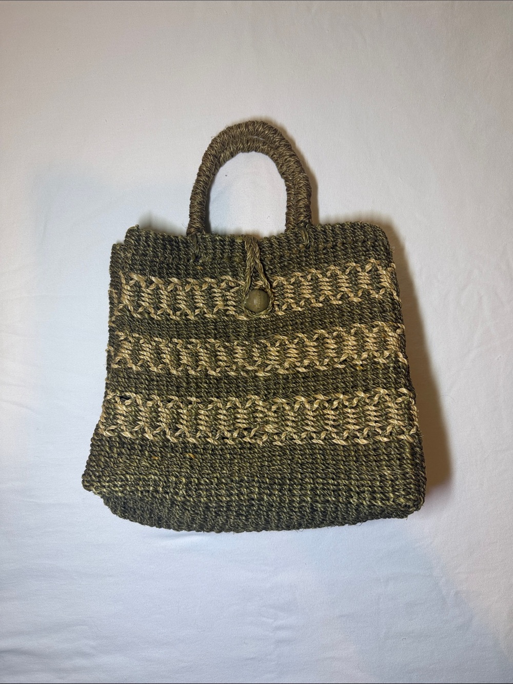 Woven Tote Bag in Olive Green and Natural